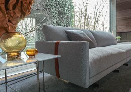 Угловой диван с пуфом из ткани букле с поясом оранжевого цвета - BertO